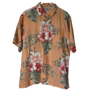 Caribbean Tropical Print Shirt, 100% Linen, Orange Tones/Green, Men's L